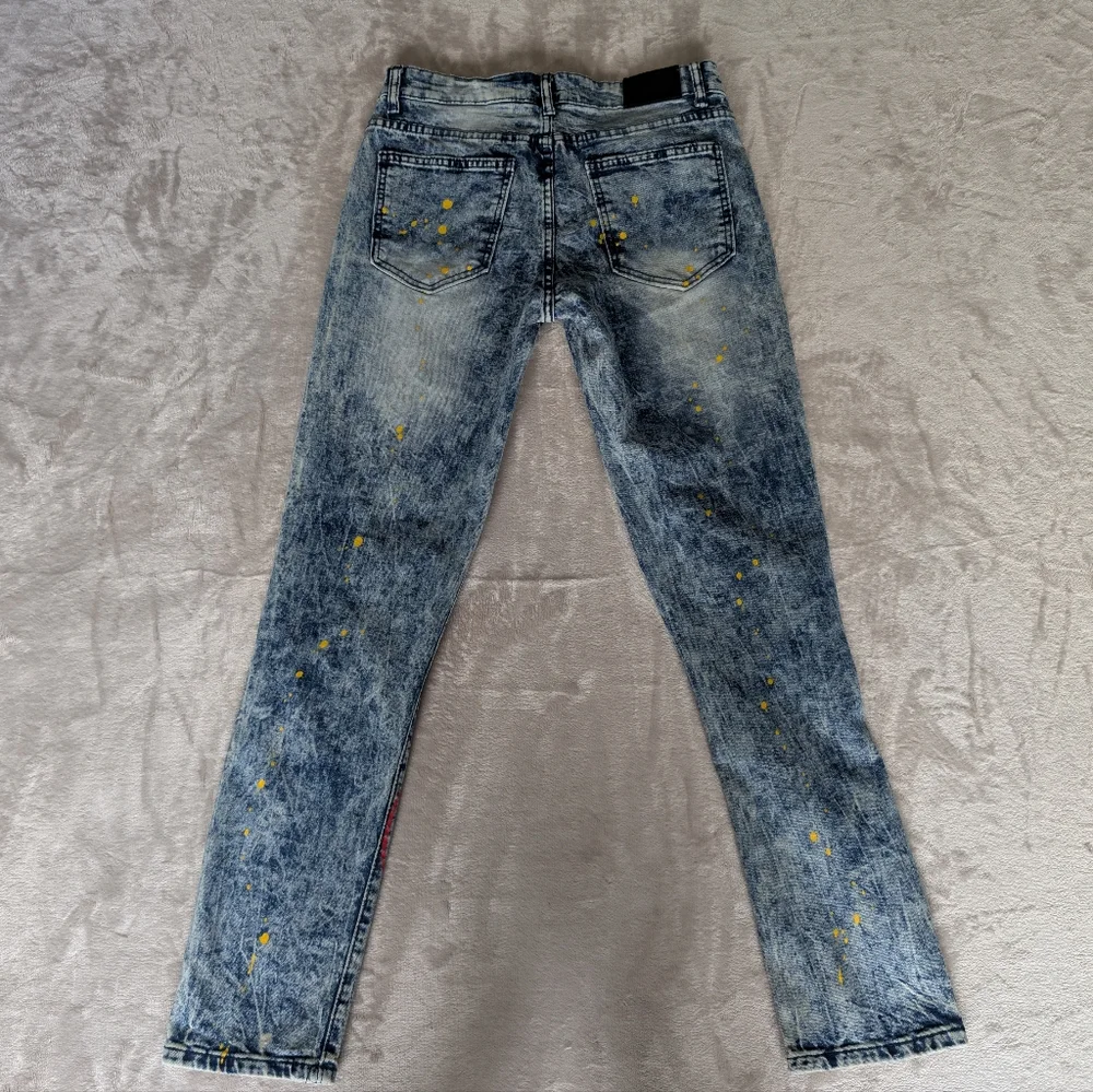 Womens Distressed Moto Skinny Jeans Streetwear Grunge Graffiti Acid Wash Sz 30 - Picture 11 of 13